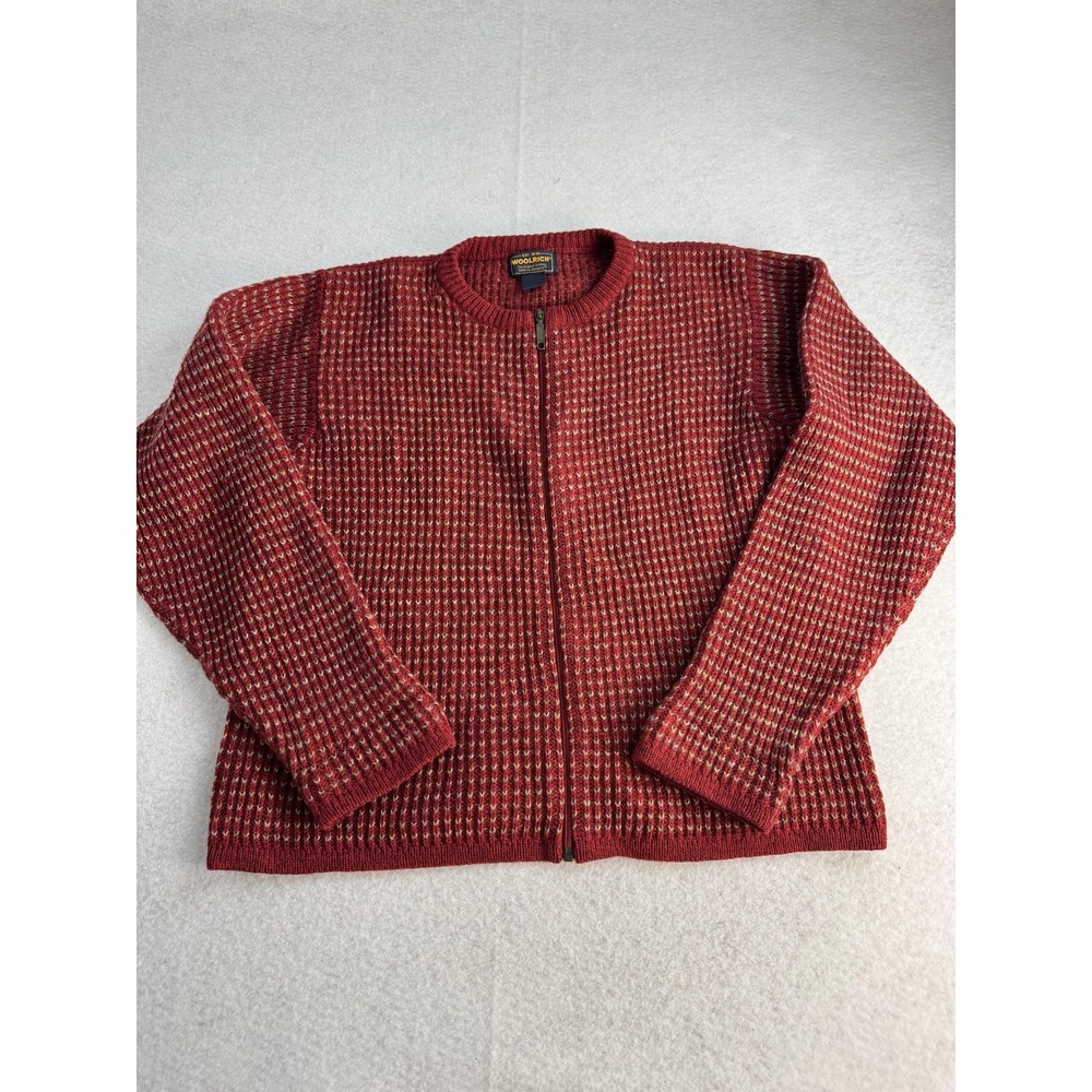 Woolrich Cardigan Sweater Womens Medium Ruby Red 100% Wool Waffle Knit Full Zip